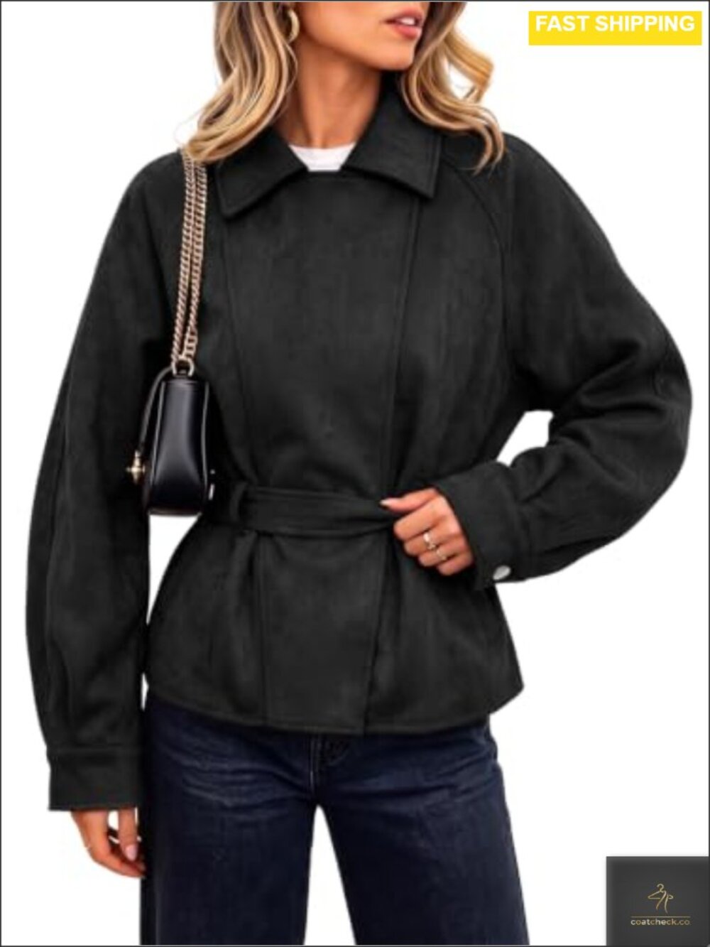 Faux Suede Cropped Trench Coat Notched Lapel Double Breasted